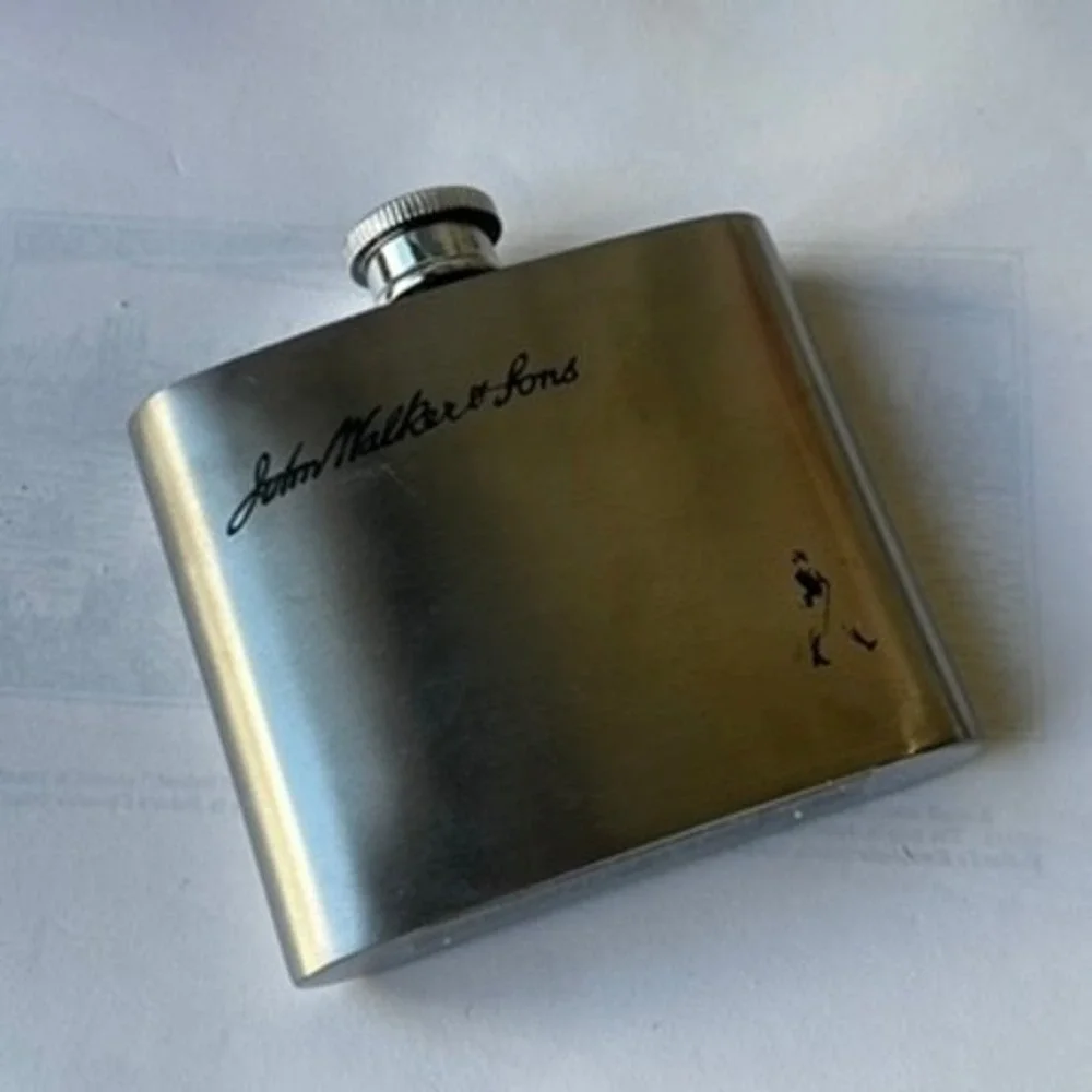 John Walker & Sons Stainless Steel Hip Flask Striding Man Logo Silver Barware